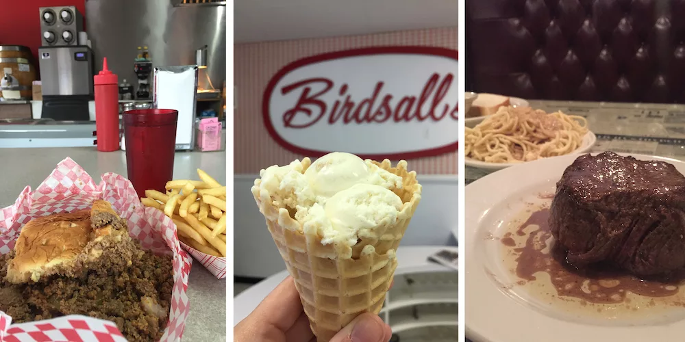 Graphic for blog post about restaurants in Mason City, Iowa featuring images of loose meat sandwich, ice cream cone at Birdsall's and steak at Northwestern Steakhouse.