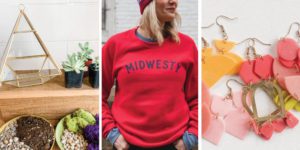 Graphic for post about how to support Iowa businesses by shopping small featuring a terrarium kit, Midwesty sweatshirt and variety of pink and orange earrings