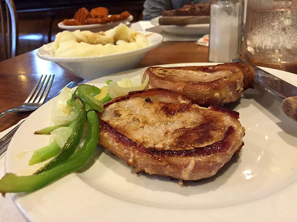 Grilled pork chop and vegetables at Breitbach's Country Dining in Balltown, Iowa