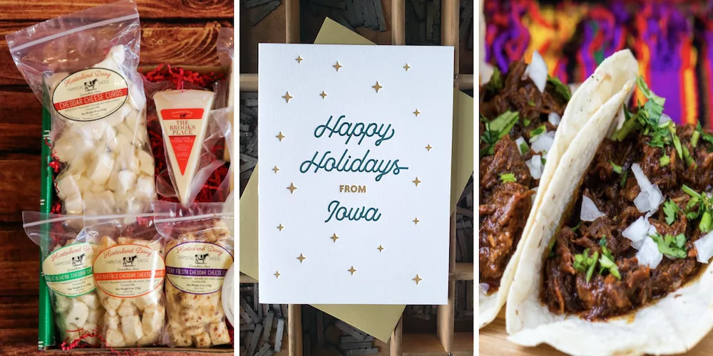 Olio in Iowa's 2020 Holiday Gift Guide: Gift ideas from Travel Iowa's Shop Iowa platform including a cheese lovers' box, holiday greeting card and tacos