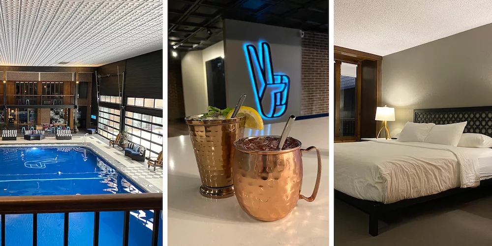Three-image graphic featuring pool area, two drinks in copper mugs and bed with white linens at The Highlander Hotel in Iowa City, Iowa