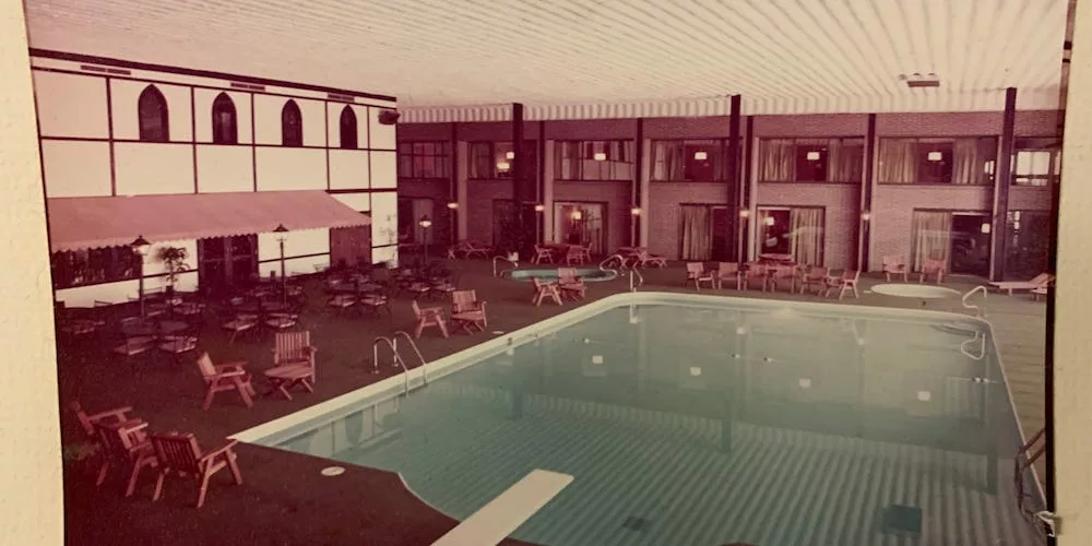 Vintage look of the pool area of The Highlander Hotel in Iowa City, Iowa