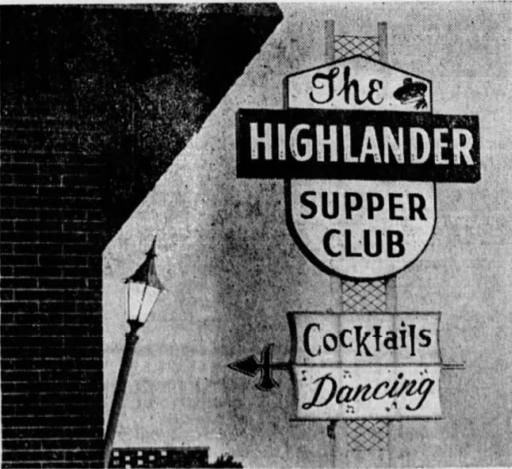 Vintage newspaper ad for The Highlander Supper Club in Iowa City, Iowa