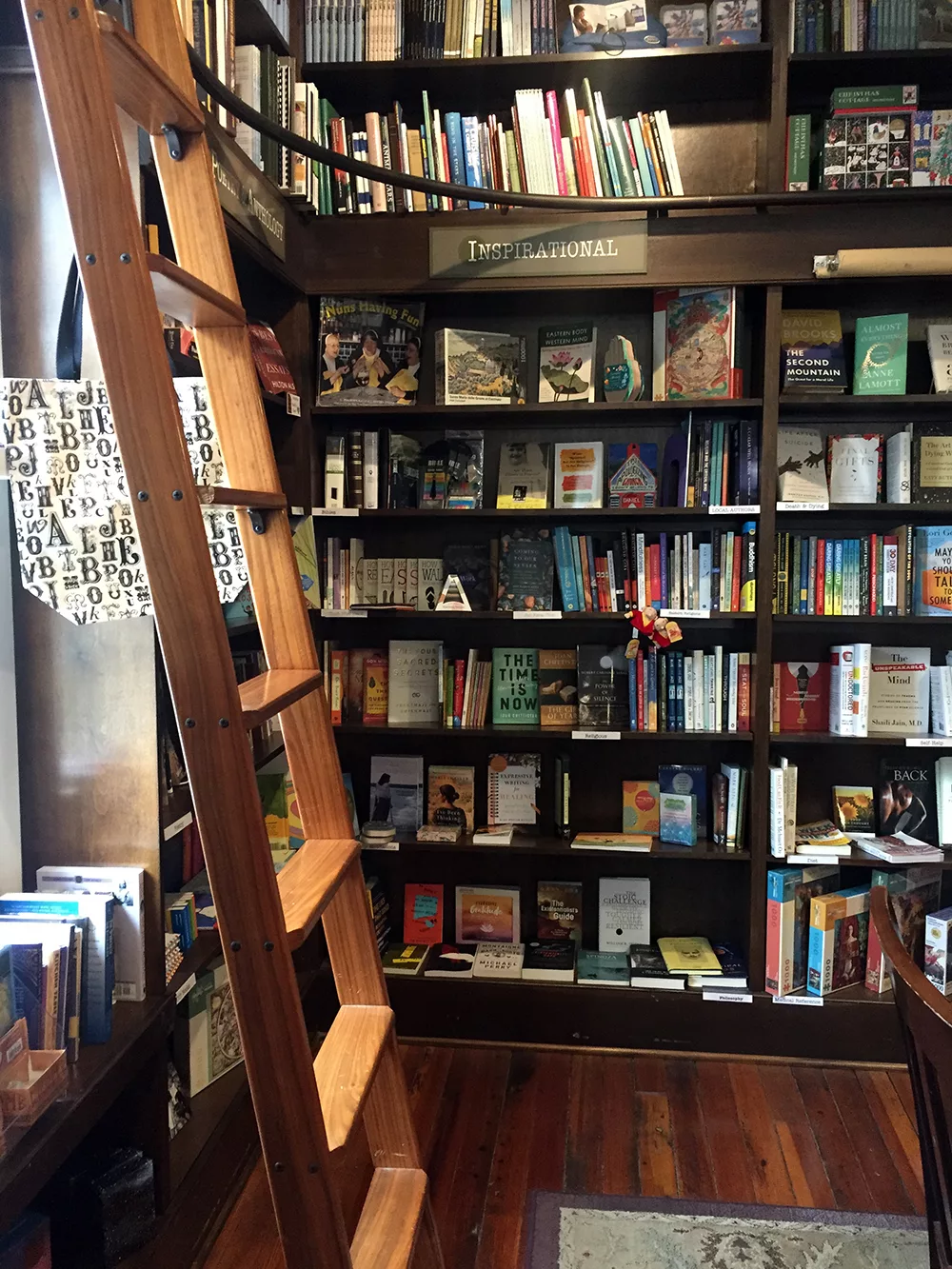 Floor to ceiling bookshelves with wooden ladder at River Lights Books in Dubuque, Iowa