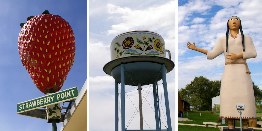 Graphic for blog post about world's largest things in Iowa including image of World's Largest Strawberry, World's Largest Swedish Coffee Cup and World's Largest Pocahontas