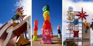 Las Vegas for Art Lovers graphic featuring vintage neon sign, Seven Magic Mountains and the Neon Museum signage