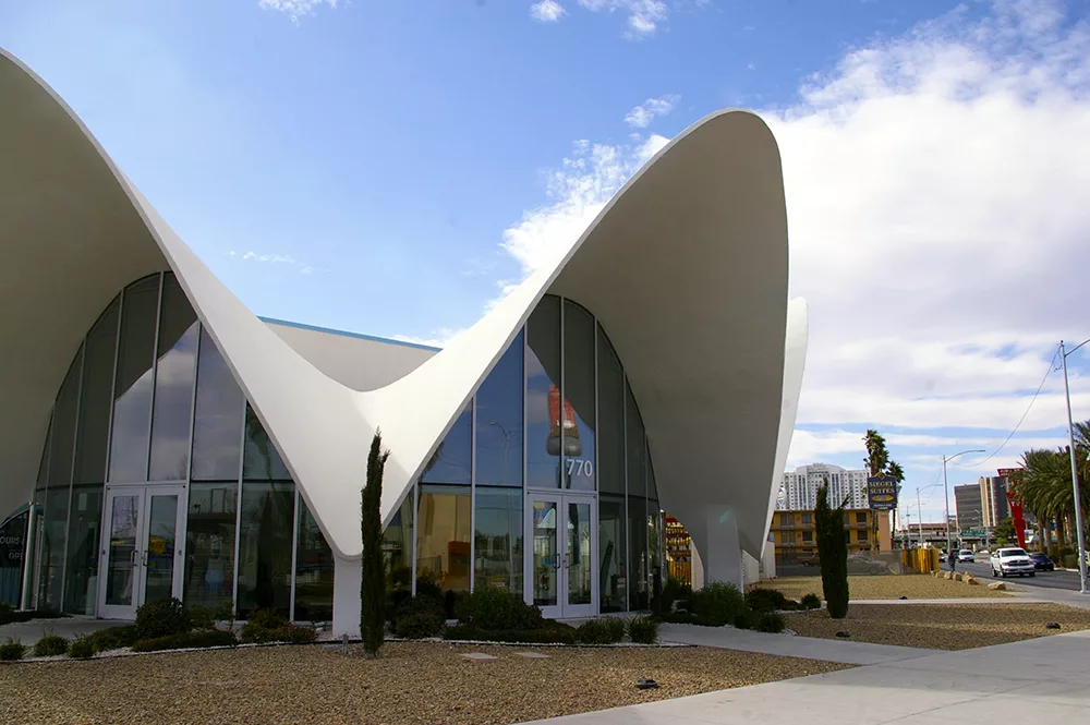Conch-shaped building that houses the lobby of the Neon Museum in Las Vegas, Nevada