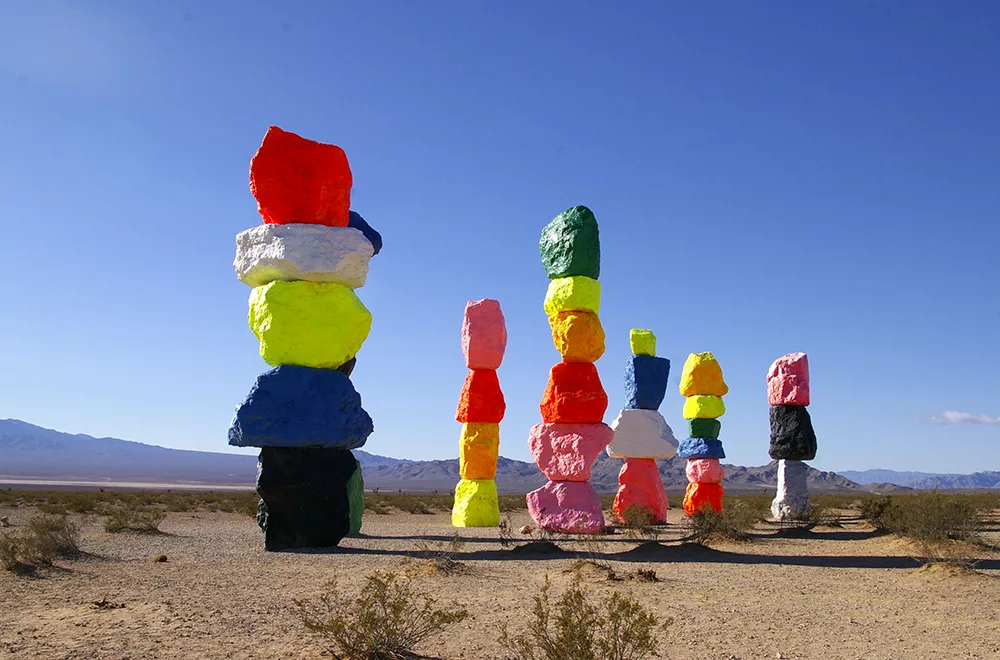 Stacks of brightly colored boulders at Seven Magic Mountains near Las Vegas, Nevada