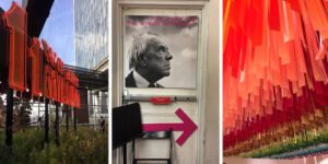 Graphic for an Art Lovers' Guide to New York: Three images including a red neon sculpture, sign for the Borges Bathroom and rainbow streamer installation at the Color Factory