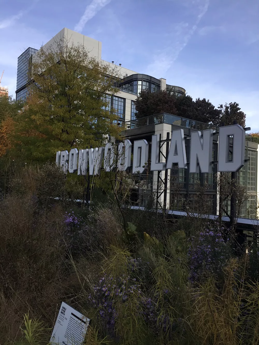 Art installation that says "Ironwood" along the High Line in New York City