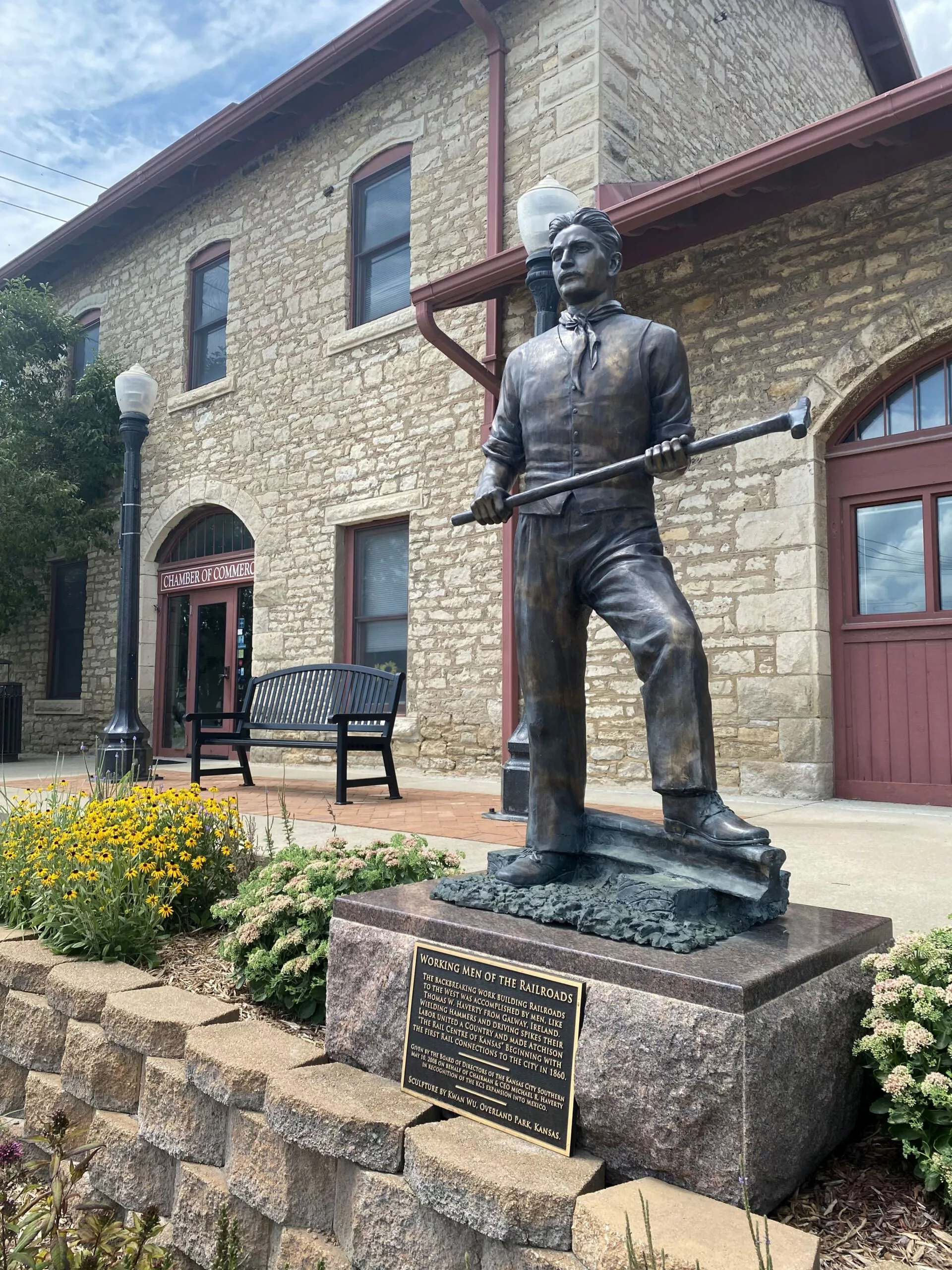 Statue of railroad worker in front of the Atchison County Historical Museum in Atchison, Kansas