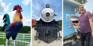 KC Destinations' Quirky Tour graphic: Image of Chick Norris, historic train in Atchison, Kansas, and man pretending to have his arm bitten by shark statue