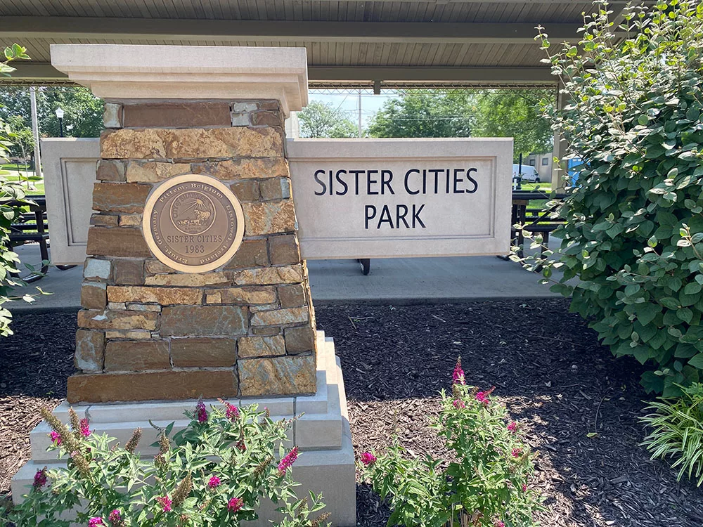 Stone sign at Sister Cities Park in Shawnee, Kansas