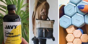Graphic for 2021 holiday gift guide of gifts for travelers featuring Javy Coffee, Kelly Moore Bags, and Cadence bundles