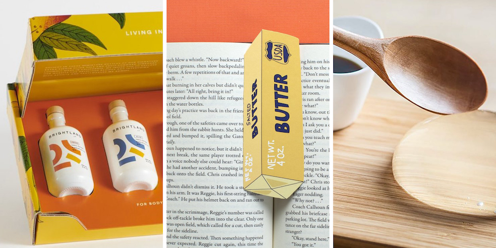 Graphic for 2021 holiday gift guide of gifts for foodies, including Brightland olive oil, bookmark shaped like a stick of butter, and raindrop cake kit