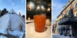 Things to do in Cedar Falls, Iowa during the winter graphic including tent at Three Pines Farm, negroni at Bar Winslow and The Black Hawk Hotel