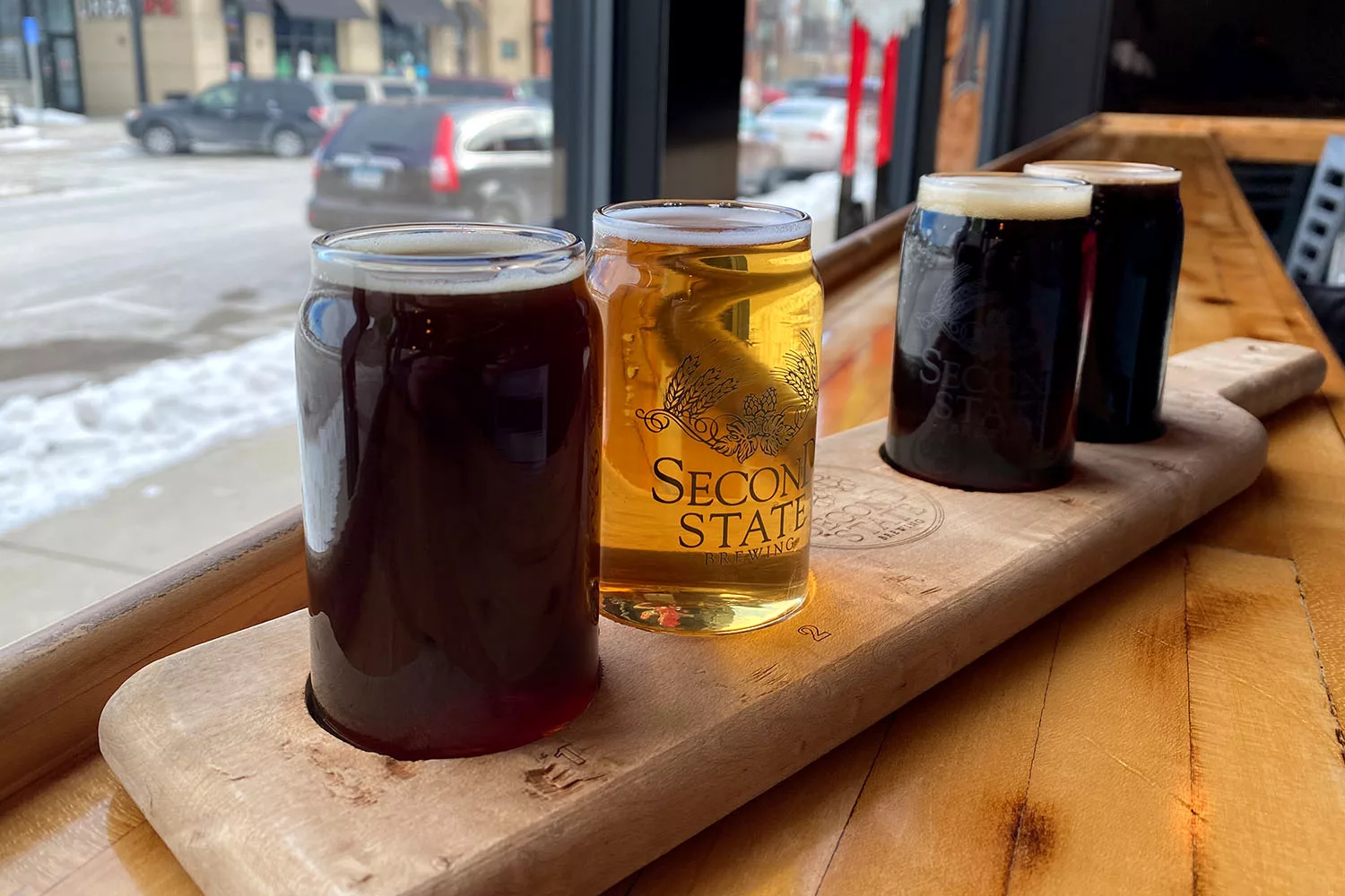 Flight of four beers at Second State Brewing Co. in Cedar Falls, Iowa