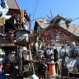 Collection of assorted sculptures at Gary Pendergrass' steampunk art installation in Wichita, Kansas
