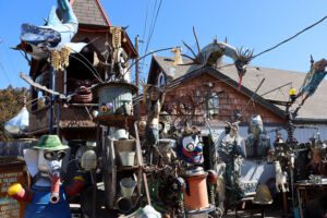 Collection of assorted sculptures at Gary Pendergrass' steampunk art installation in Wichita, Kansas