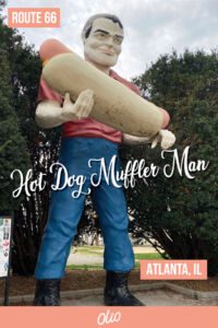 You may have seen a Muffler Man in your road trip adventures. But have you seen one holding a hot dog? Just off historic Route 66 in Atlanta, Illinois you'll find Paul Bunyon, the Hot Dog Muffler Man. You won't want to miss this photo op! #Route66 #Illinois #RoadsideAmerica #MufflerMan