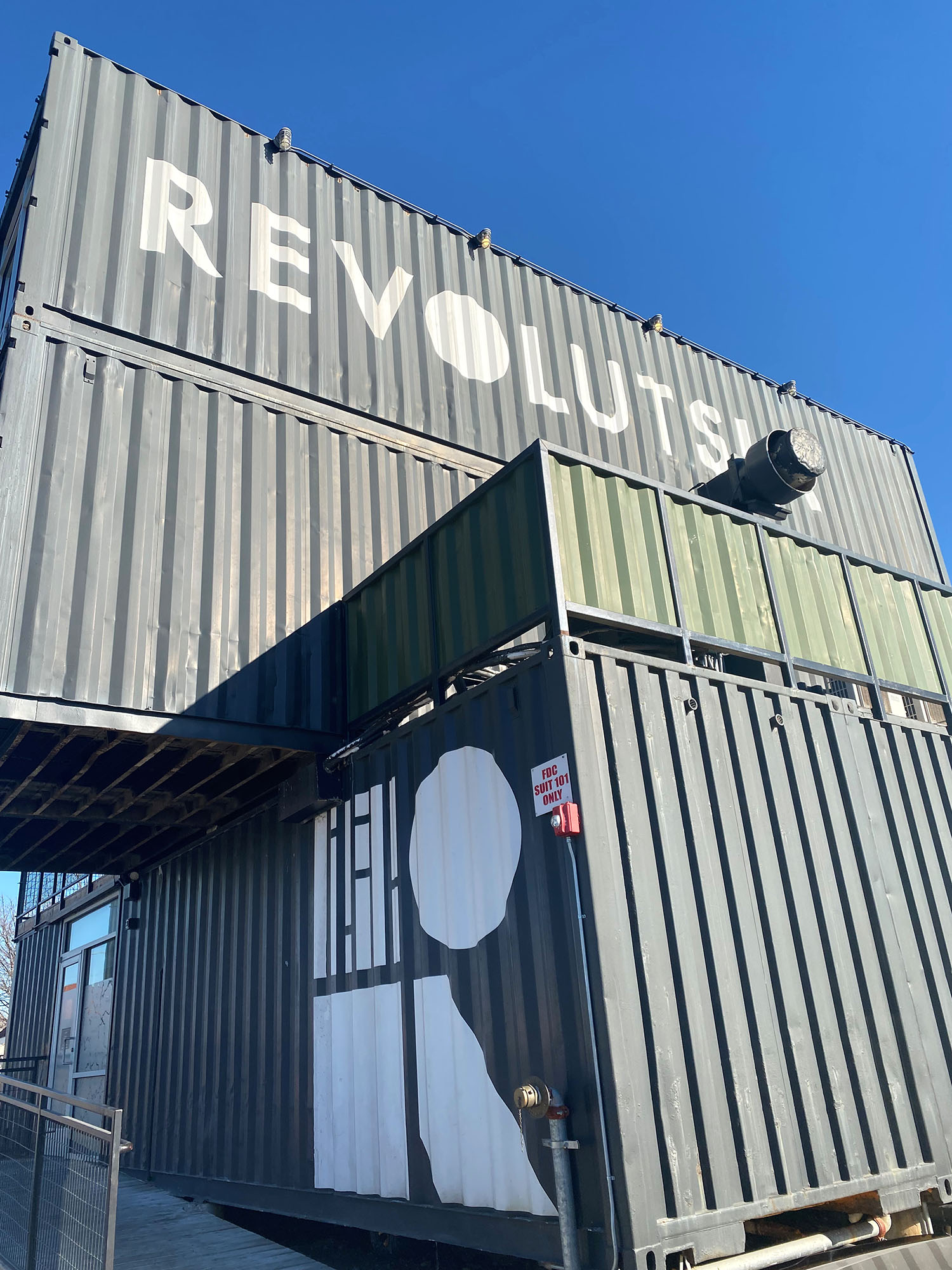 Exterior shipping containers at Revolutsia in Wichita, Kansas