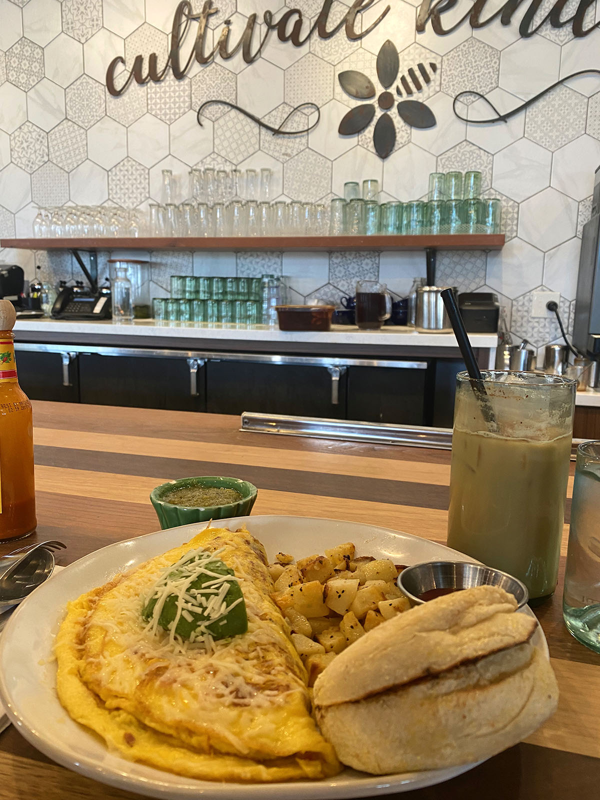 Omelette and ice latte at HomeGrown in Wichita, Kansas