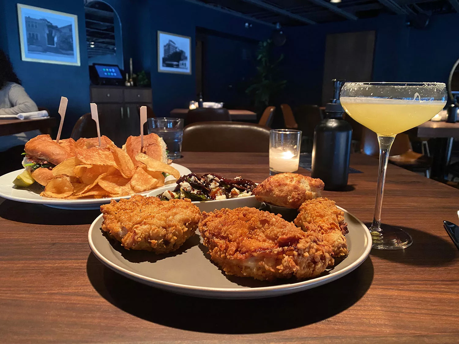 Fried chicken with sandwich and cocktails at The Belmont in Wichita, Kansas