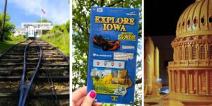Graphic for blog post about 8 hidden gems in Iowa to visit this summer featuring images of Fenelon Place Elevator in Dubuque, Iowa; image of Iowa Lottery's Explore Iowa ticket; and image of U.S. Capitol building made of matchsticks at Matchstick Marvels in Gladbrook, Iowa