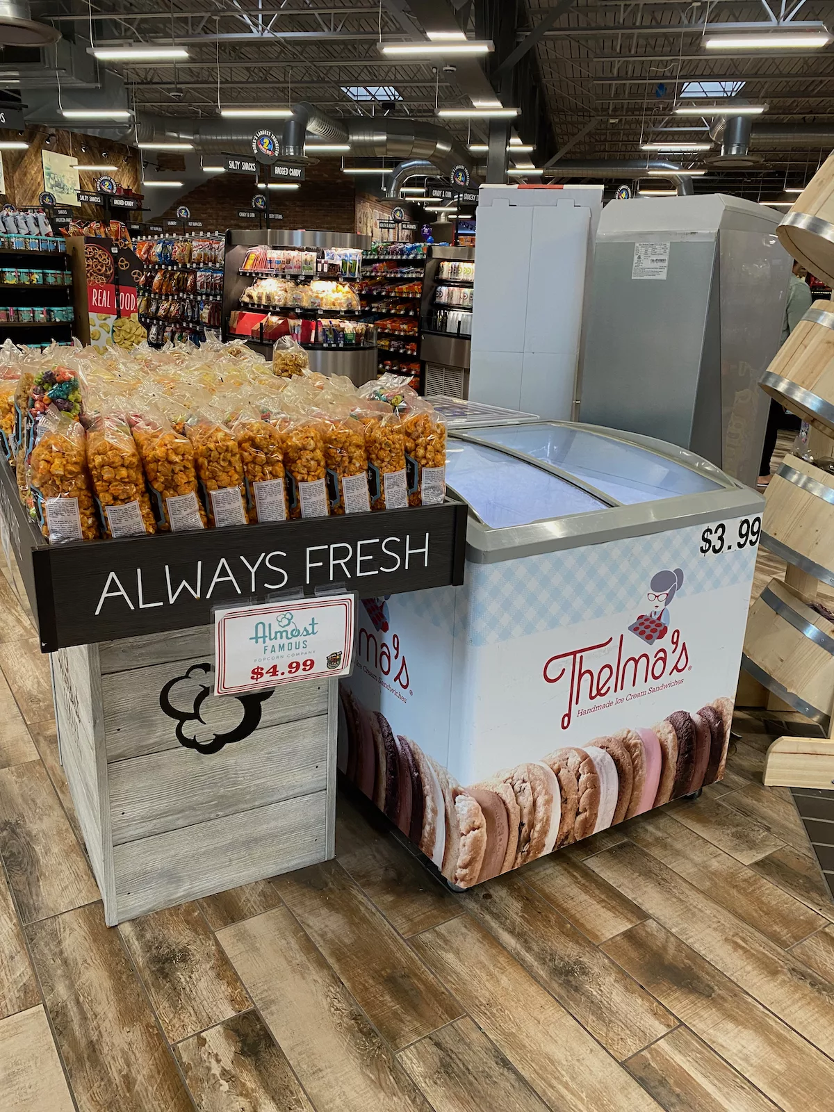 Thelma's ice cream sandwiches and Almost Famous popcorn at the convenience store at the World's Largest Truckstop in Walcott, Iowa