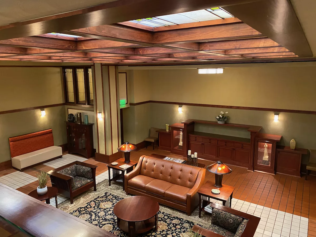 Interior lobby lounge at the Historic Park Inn Hotel in Mason City, Iowa
