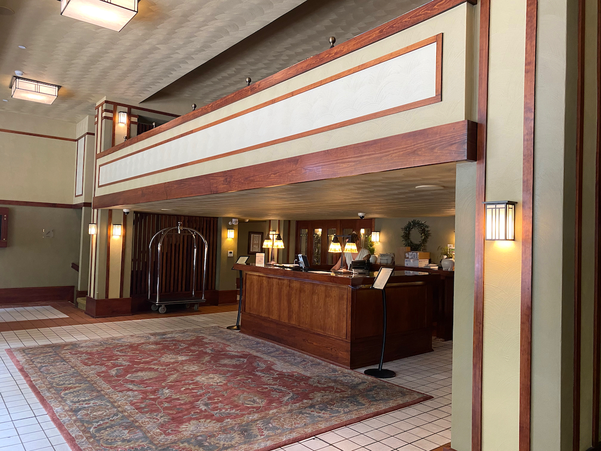 Lobby with balcony area in the Frank Lloyd Wright-designed Historic Park Inn Hotel in Mason City, Iowa