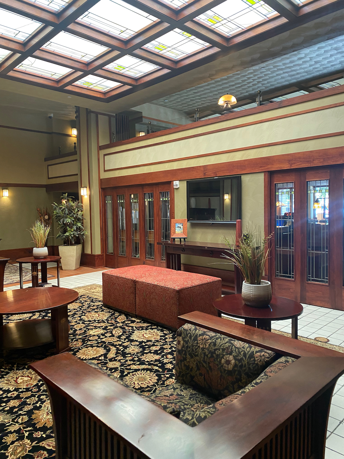 Interior lobby lounge at the Historic Park Inn Hotel in Mason City, Iowa