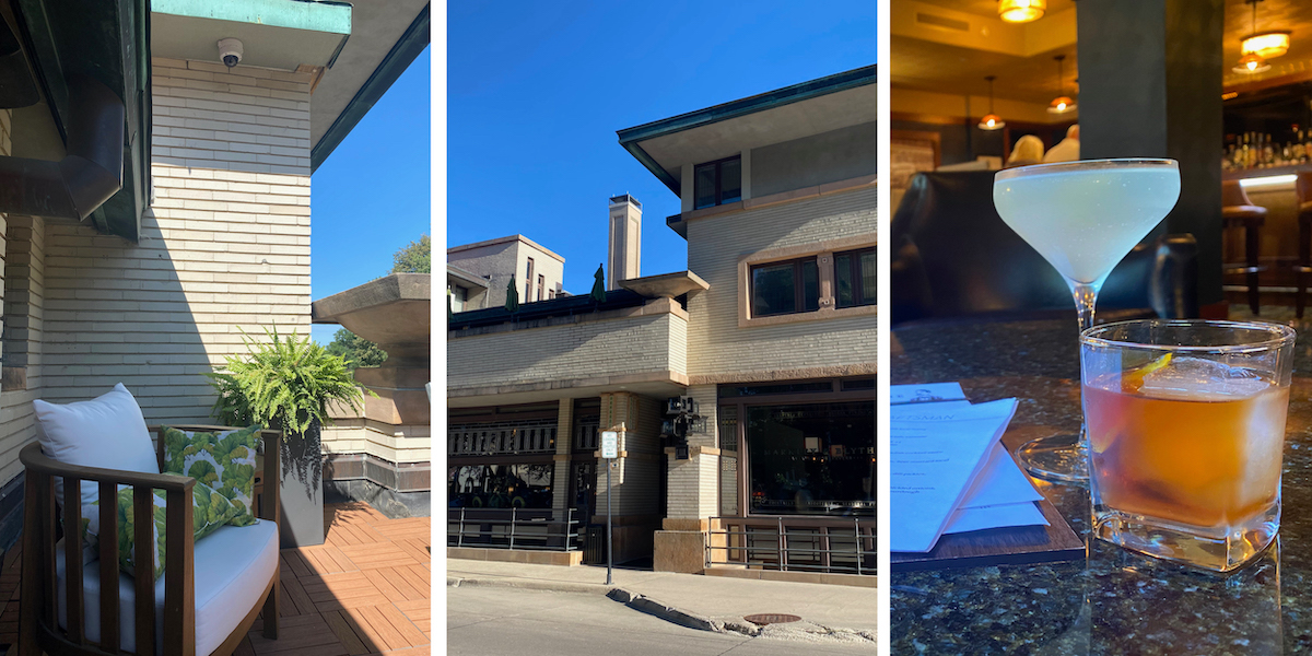 Blog post graphic featuring images of the balconies, exterior and bar area of the Frank Lloyd Wright-designed Historic Park Inn Hotel in Mason City, Iowa