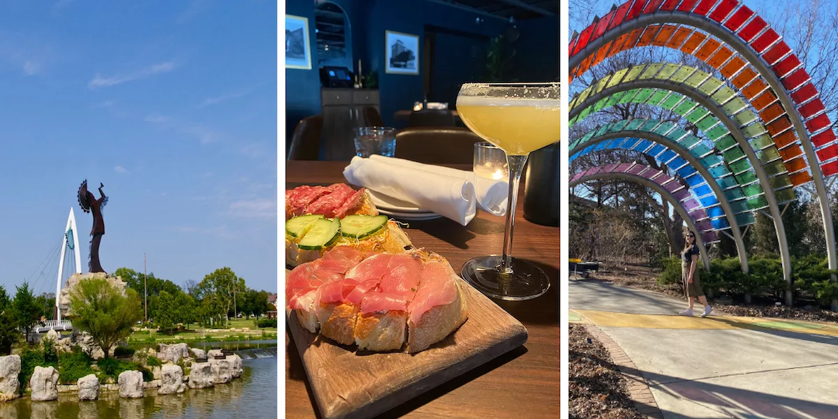 Graphic for blog post about things to do in Wichita, Kansas including images of Keeper of the Plains, appetizers and drinks at The Belmont and a rainbow-colored archway at Botanica