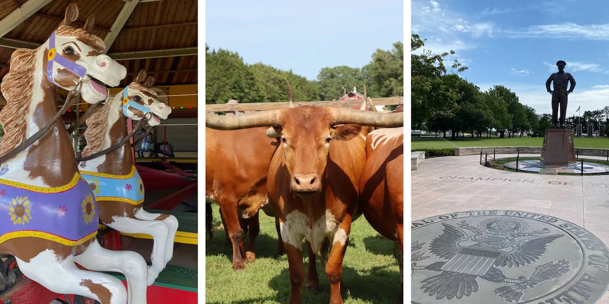 Graphic for blog post about ways to experience history in Abilene, Kansas including photo from C.W. Parker Carousel, longhorn cattle drive and statue of Dwight D. Eisenhower