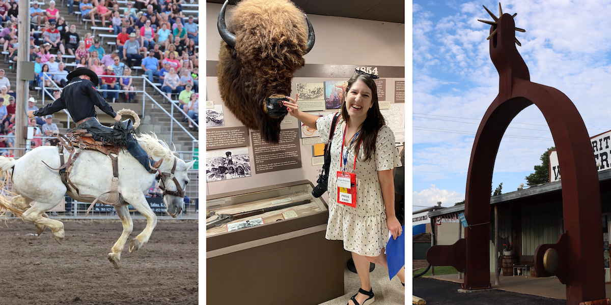 Blog graphic for post about things to do in Abilene, Kansas including Wild Bill Hickok Rodeo, bison at Dickinson County Heritage Center and Big Spur