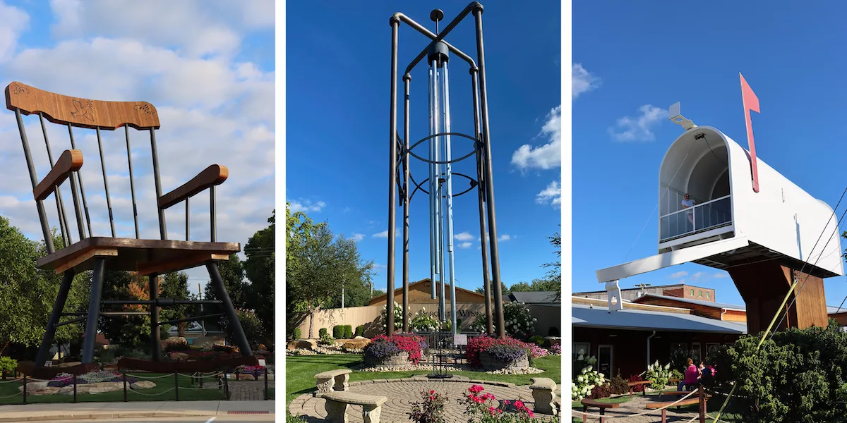 Graphic for blog post about world's largest things in Casey, Illinois including World's Largest Rocking Chair, World's Largest Wind Chime and World's Largest Mailbox