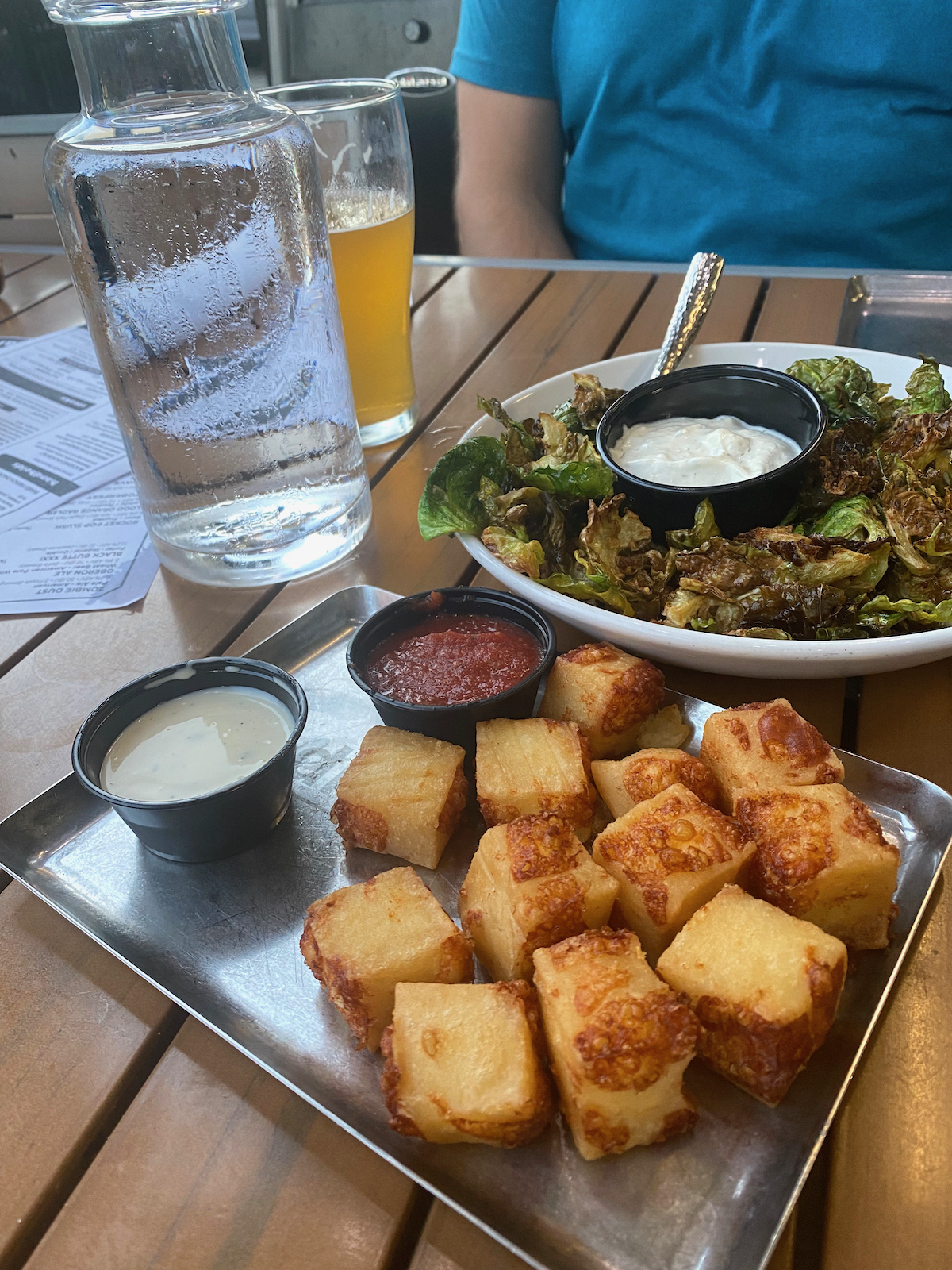 Fried cheese curds and Brussels sprouts at drafthouse in Janesville, Wisconsin