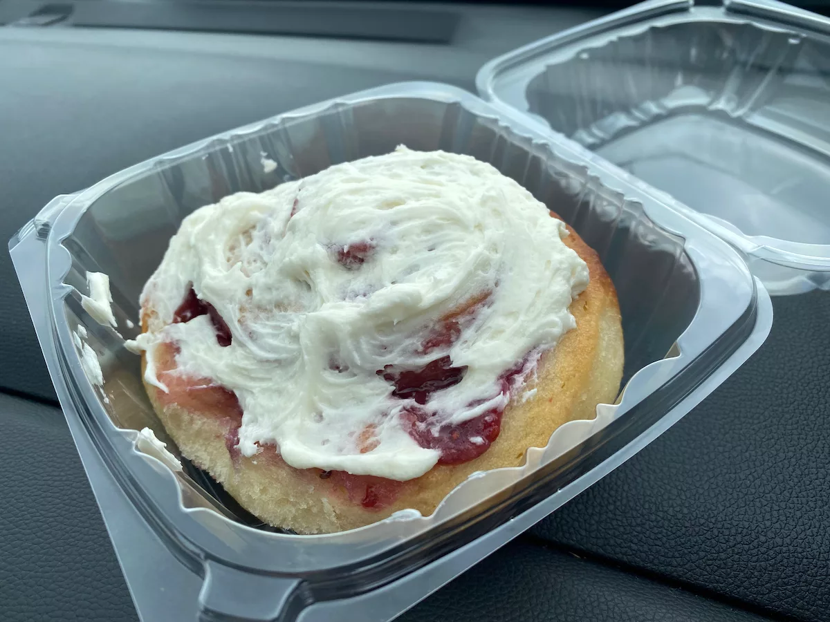 Giant raspberry cinnamon roll from The Fulton Store in Milton, Wisconsin
