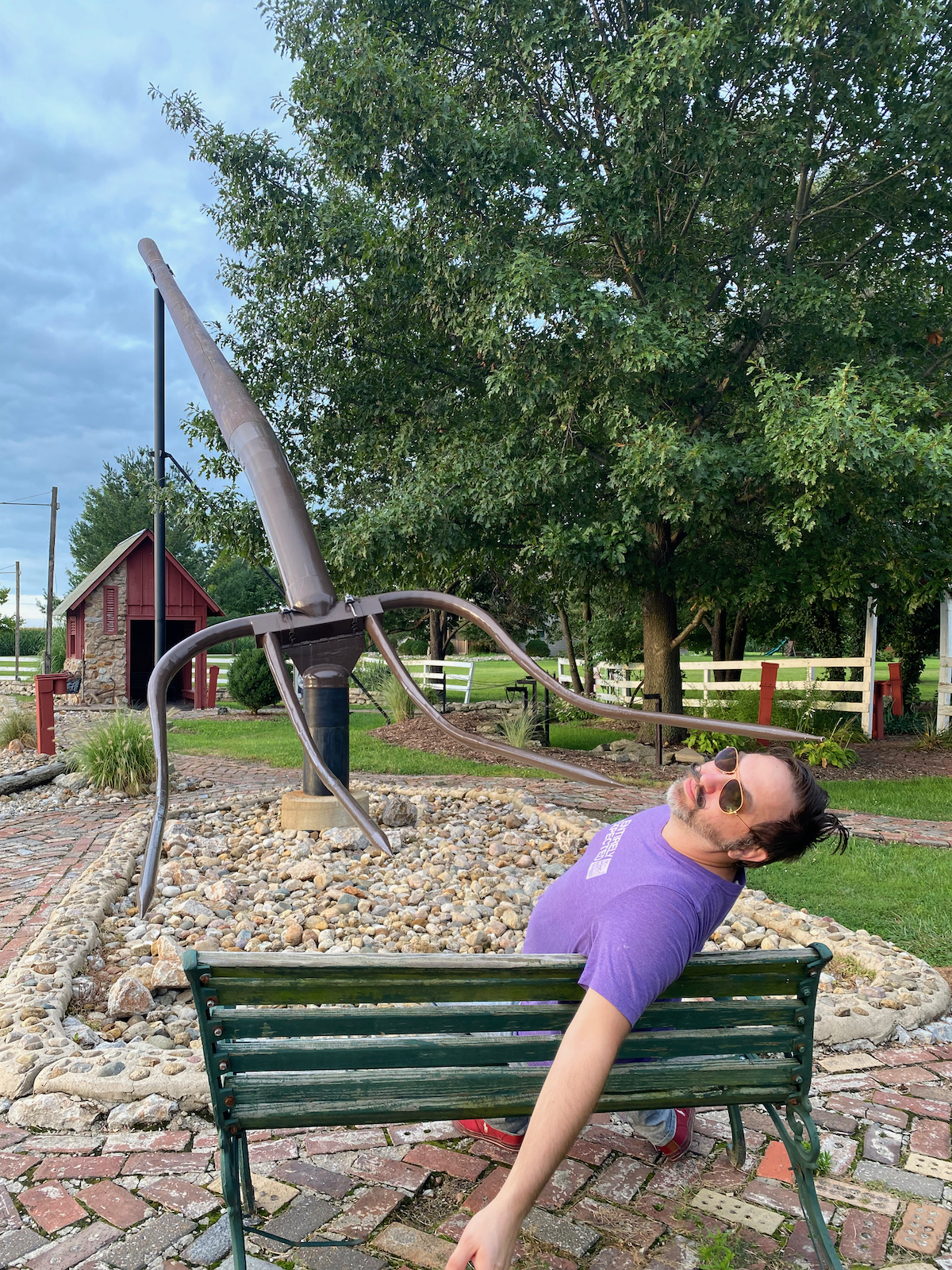 Man pretending to be stabbed by World's Largest Pitchfork in Casey, Illinois