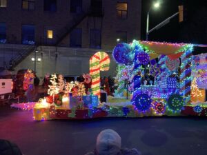 Float during annual Lighted Christmas Parade in Oskaloosa, Iowa