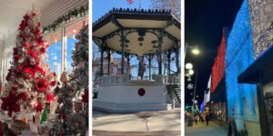 Graphic for blog posts about things to do in Oskaloosa, Iowa including images from Mahaska Drug, City Square Park and Lighted Christmas Parade