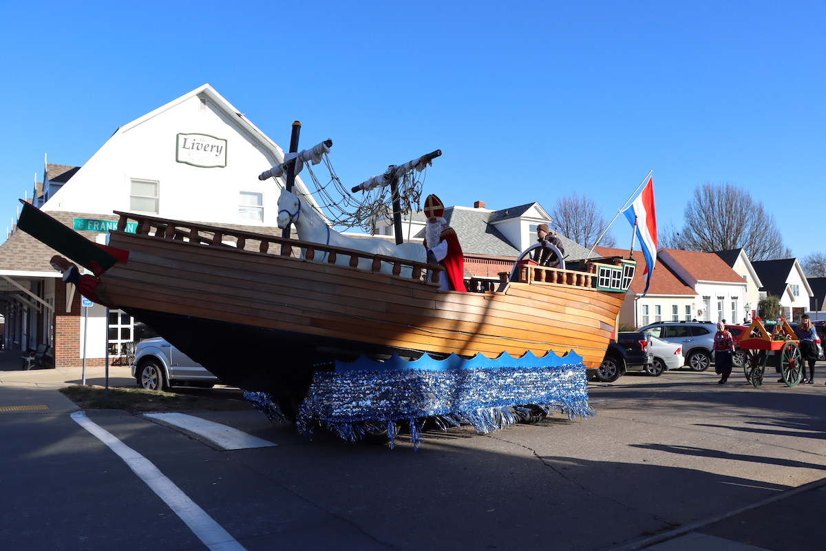 Sinterklaas arriving via boat during a parade at Christmas in Pella, Iowa