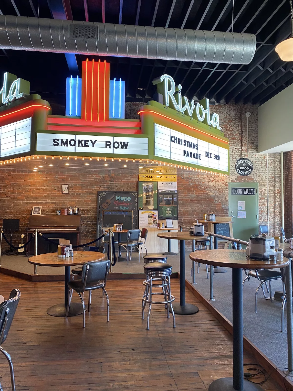 Interior Rivola sign at Smokey Row Coffee in Oskaloosa, Iowa