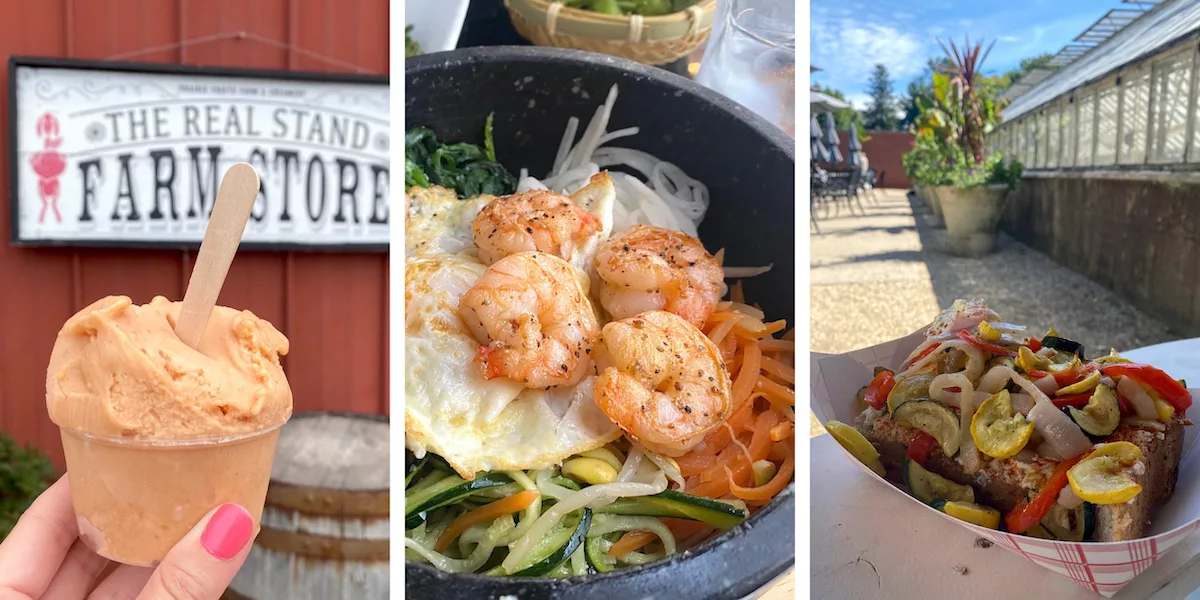 Graphic for blog post about restaurants in Champaign, Illinois including images of gelato at Prairie Fruits Farm & Creamery, bibimbap at Ko Fusion and veggie ricotta toast at the Greenhouse Café at Allerton.
