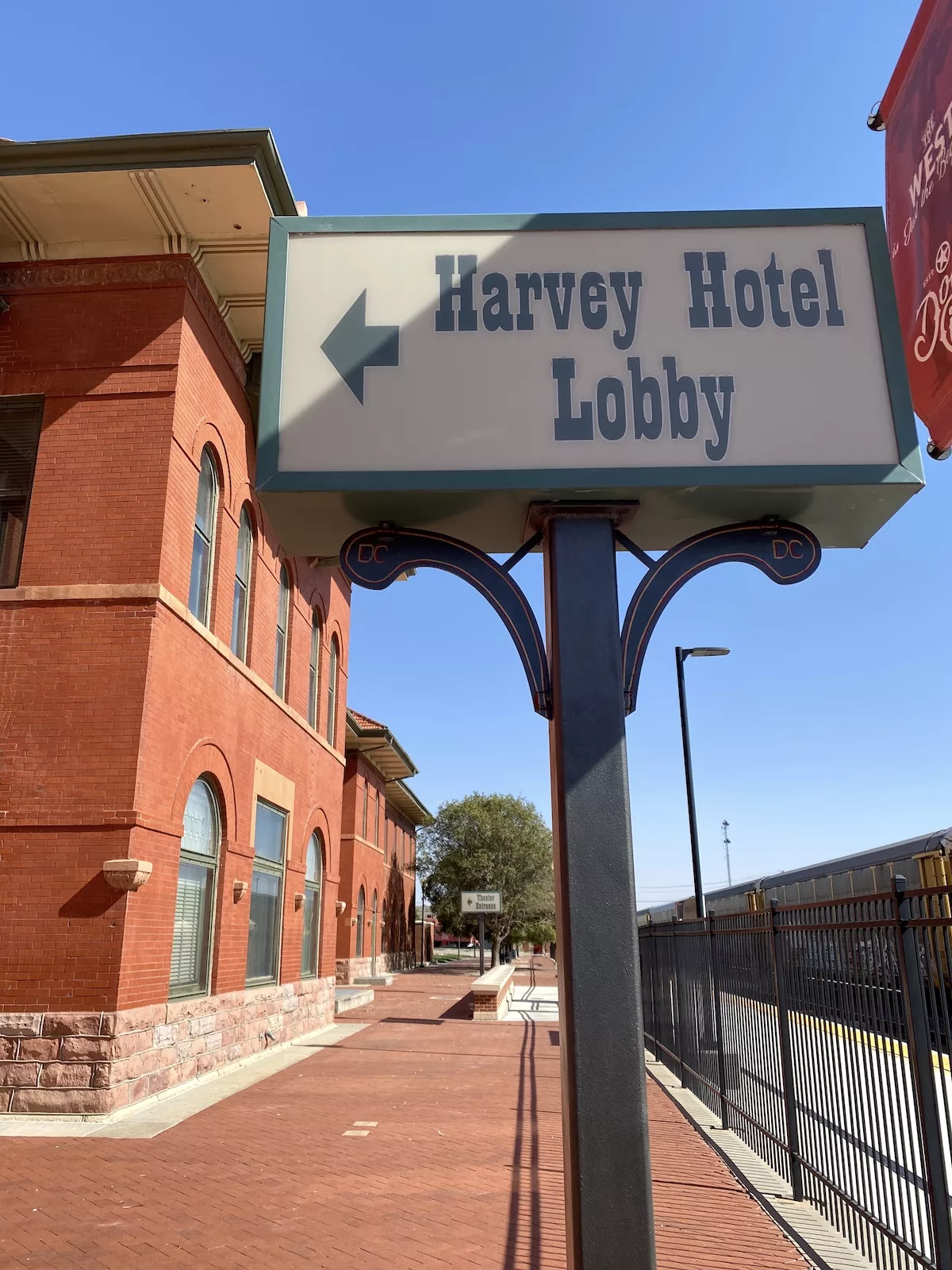 Harvey Hotel Lobby sign outside of Historic Santa Fe Depot in Dodge City, Kansas