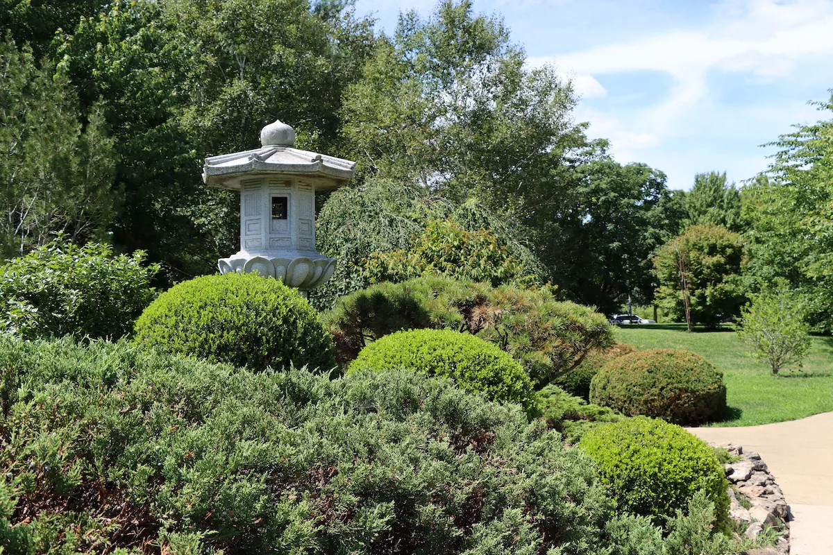 Japanese garden outside of Japan House at the University of Illinois Arboretum in Urbana, Illinois