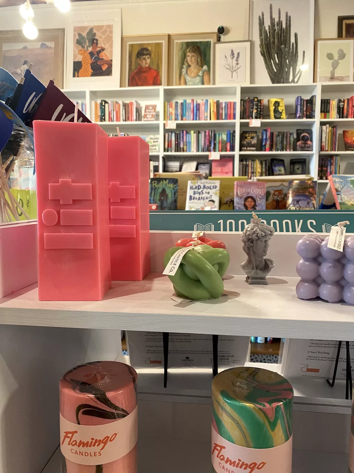 Candles and bookshelves at The Literary bookstore in Champaign, Illinois