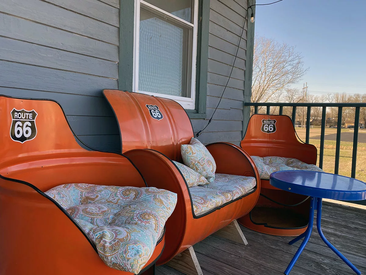 Route 66 themed patio set at the Old Riverton Post B&B in Riverton, Kansas