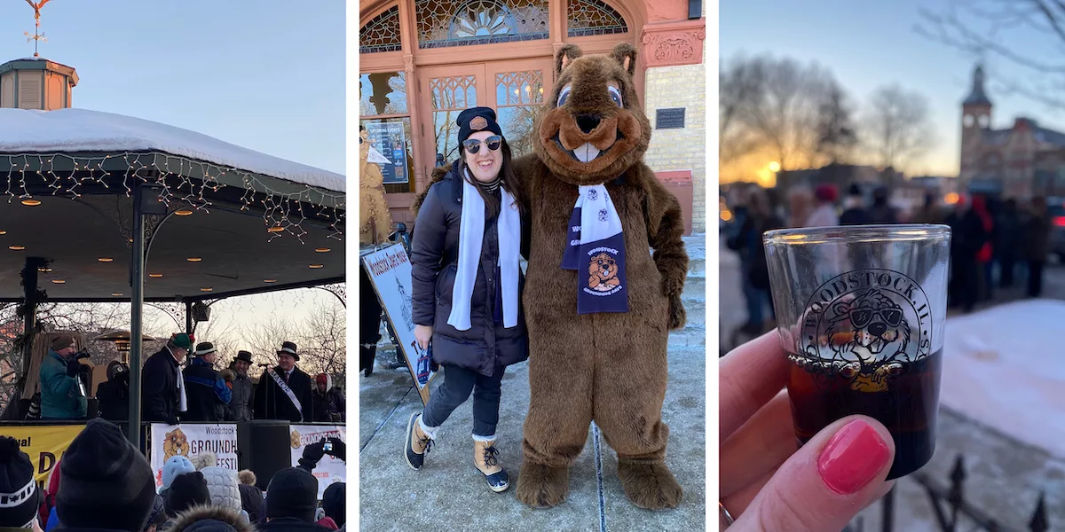 Graphic for blog post about celebrating Groundhog Day in Woodstock, Illinois, where Groundhog Day the movie was filmed, including images of the Woodstock gazebo, Woodstock Willie and the drink to world peace